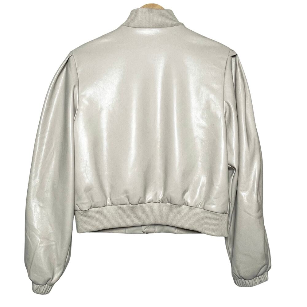 HOUSE OF HARLOW Women’s Stone Gray Vegan Leather Puff Sleeve Bomber - Picture 4 of 4